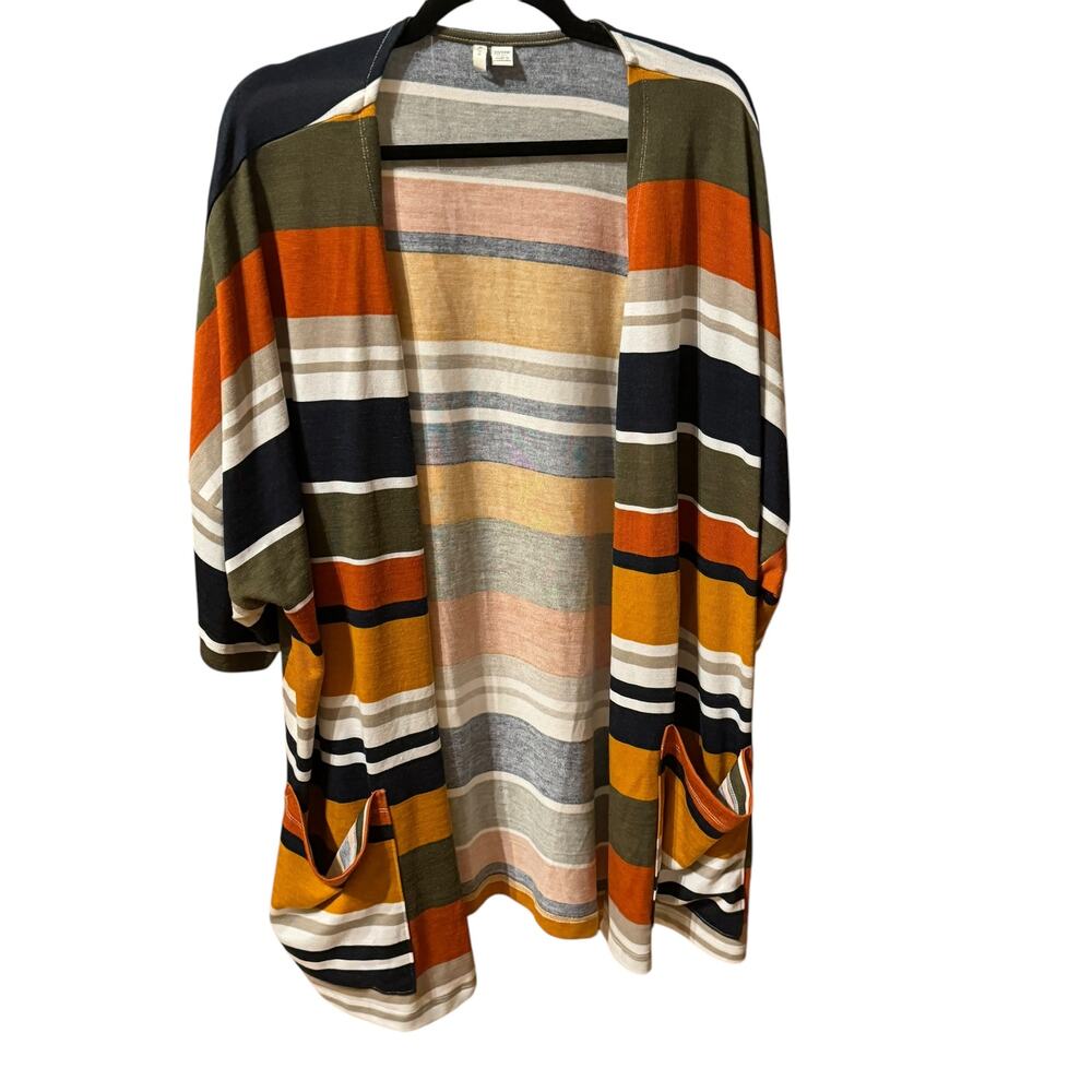 Cato Open Front Navy and Mustard Stripe SS Cardigan Long Sleeve Size 22/24 W EUC